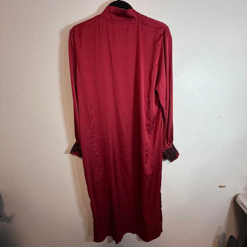 Martely 100% Silk Robe Burgundy Black Lace Kimono Handcrafted Womens XS